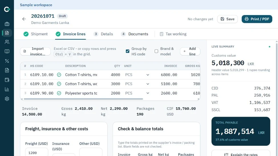 Invoice lines imported into a ClearWay job, with HS codes checked