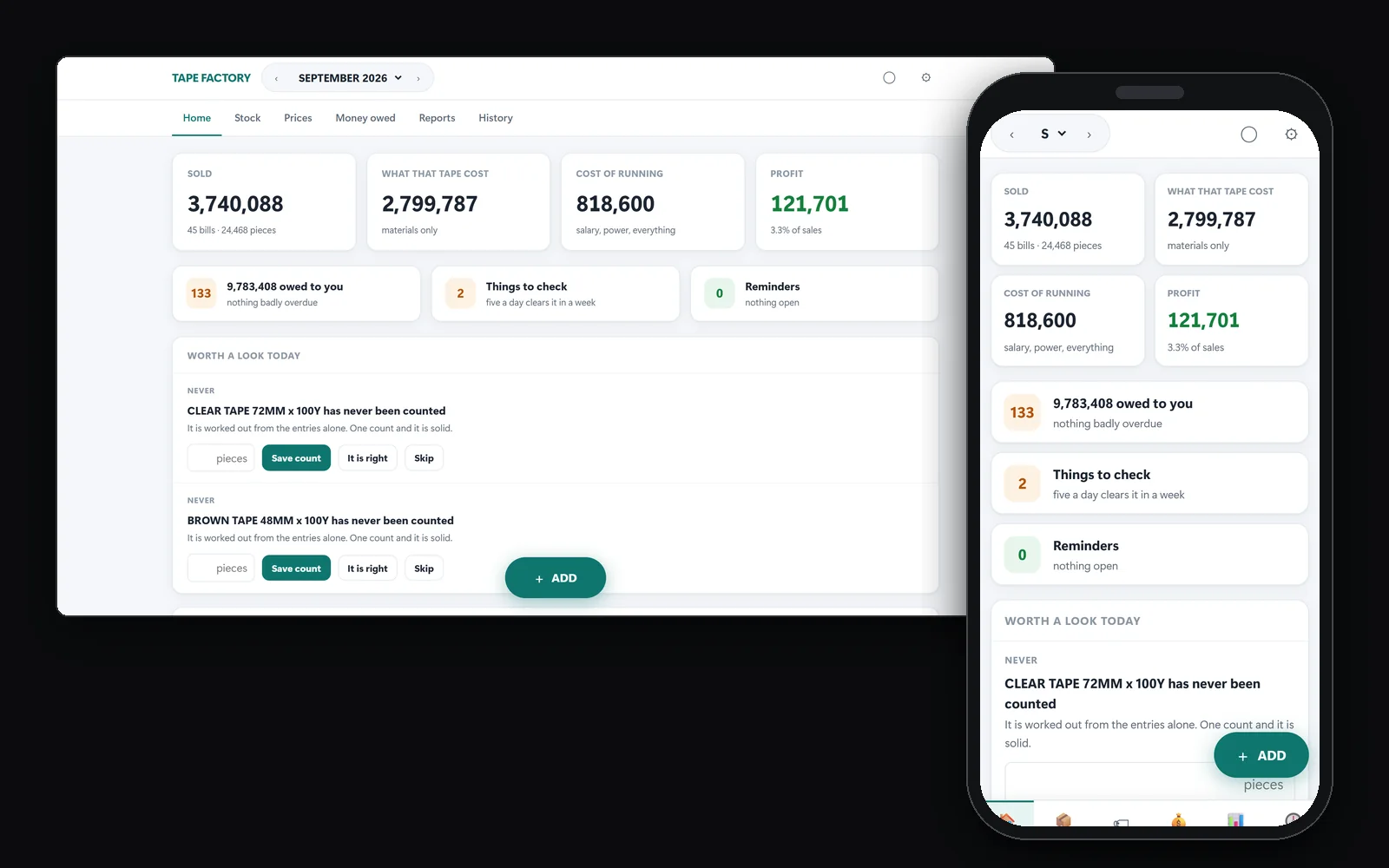 Tape factory home screen with sales, material cost, running cost and profit for the month, also shown on a phone (demo data)