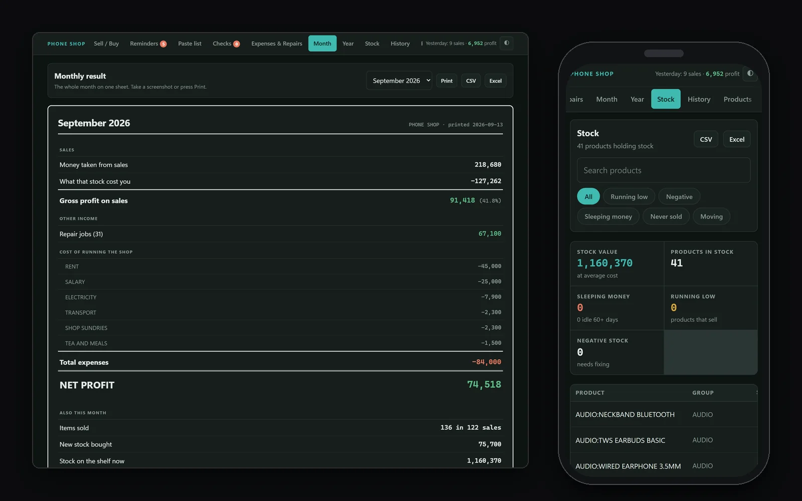 Phone shop monthly result with sales, cost of stock, repair income and running costs, beside the stock screen on a phone (demo data)