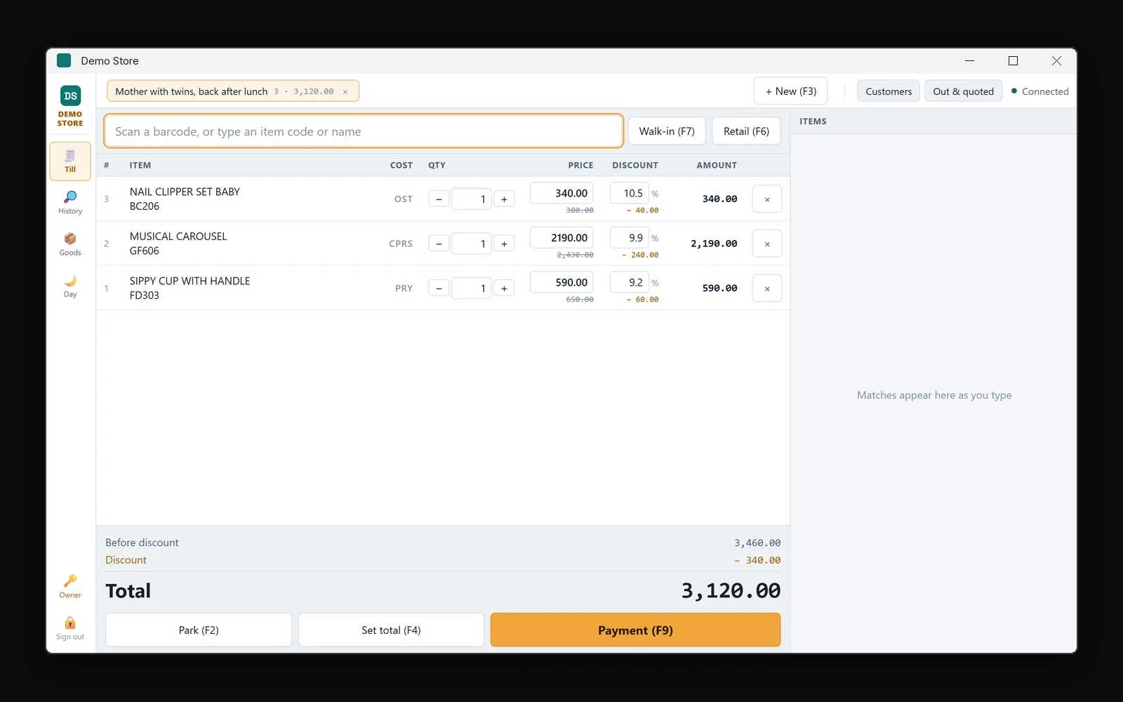 Retail point of sale desktop window with a held bill of three items, line discounts and a total of 3,120.00 (demo data)